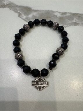 Harley-Davidson Black Beaded Bracelet with Silver Shield Charm